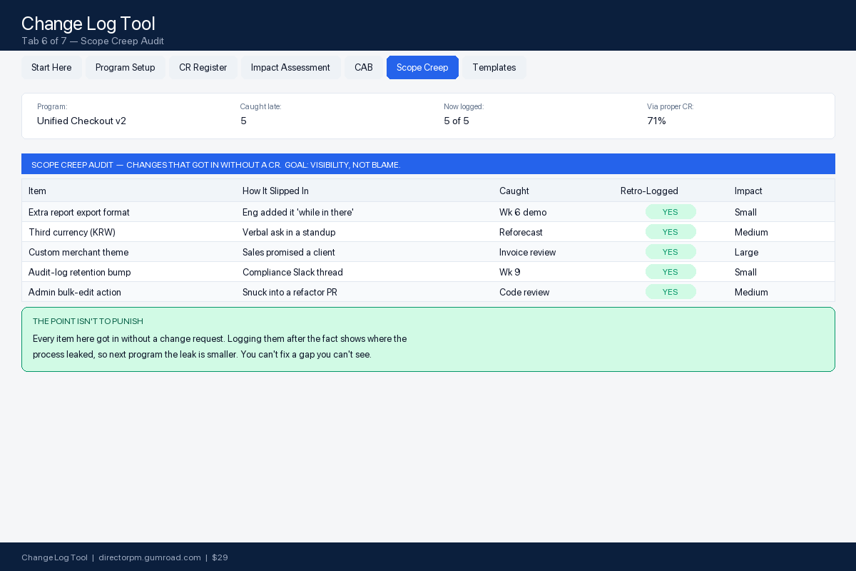 Change log scope creep audit view