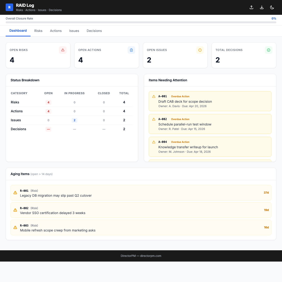 RAID Log Interactive app preview