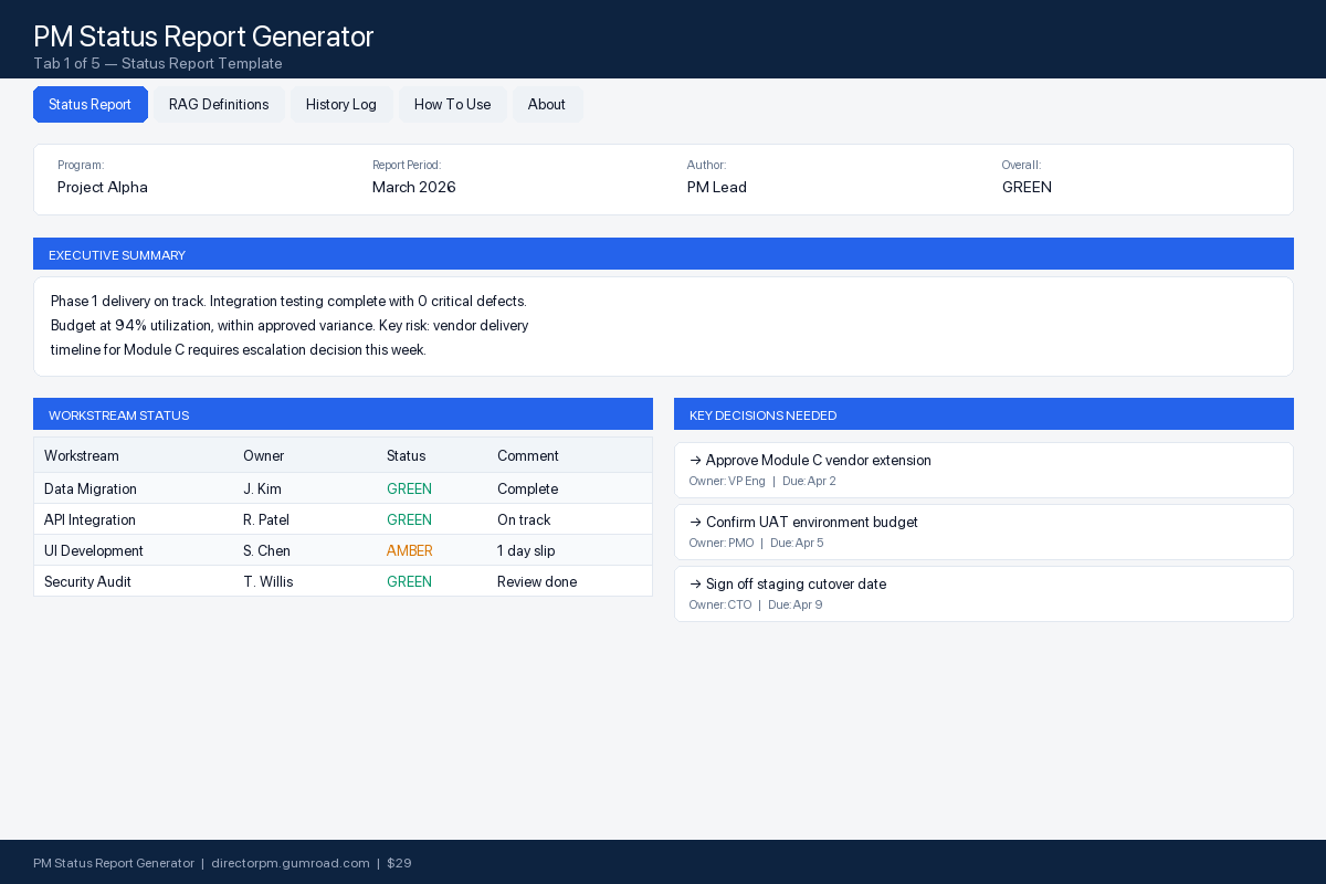 PM Status Report template preview